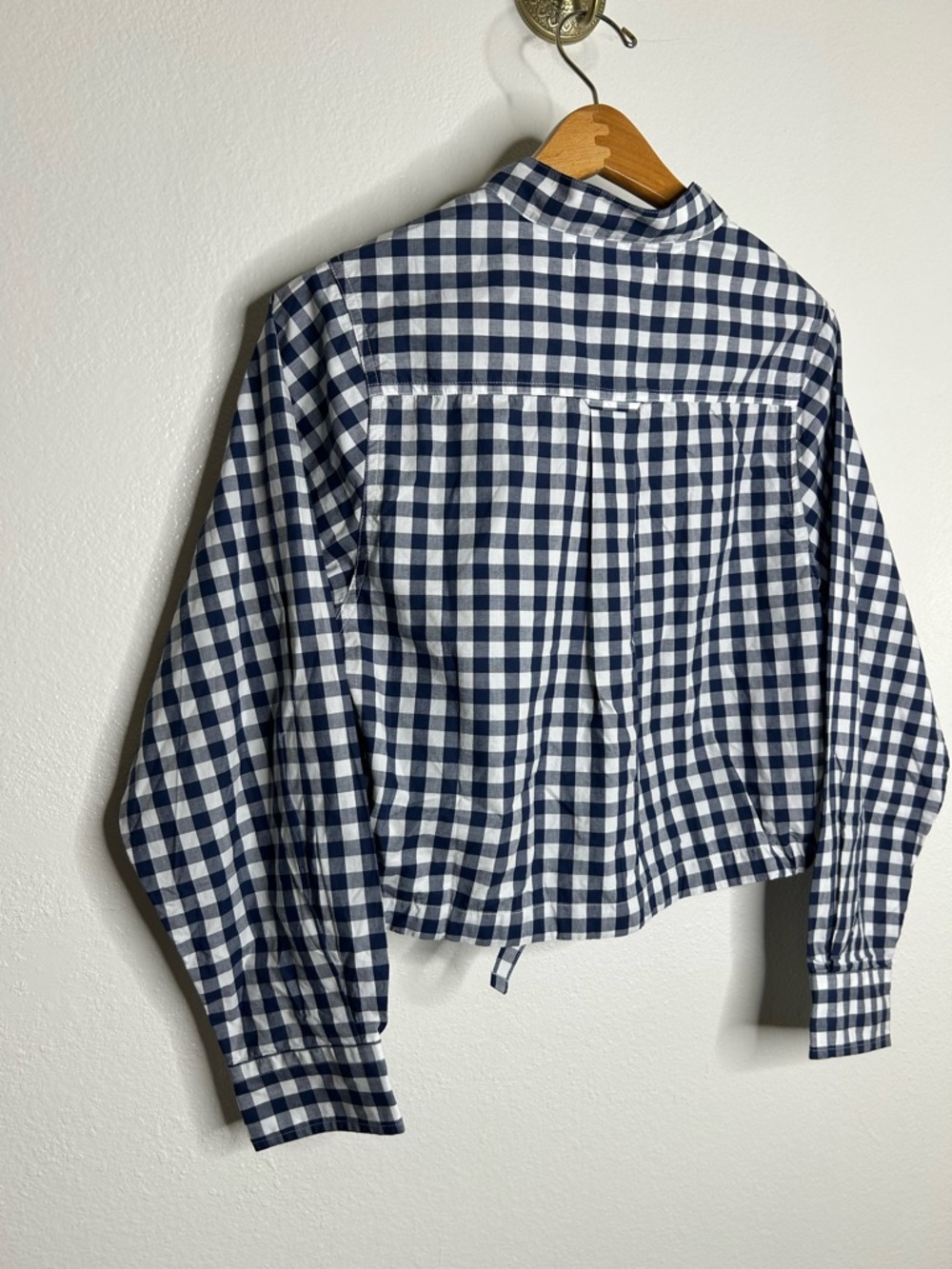 NWT AMO Rosalind Shirt Blue Navy Checkered Cropped Button Down Shirt Small - Picture 5 of 14